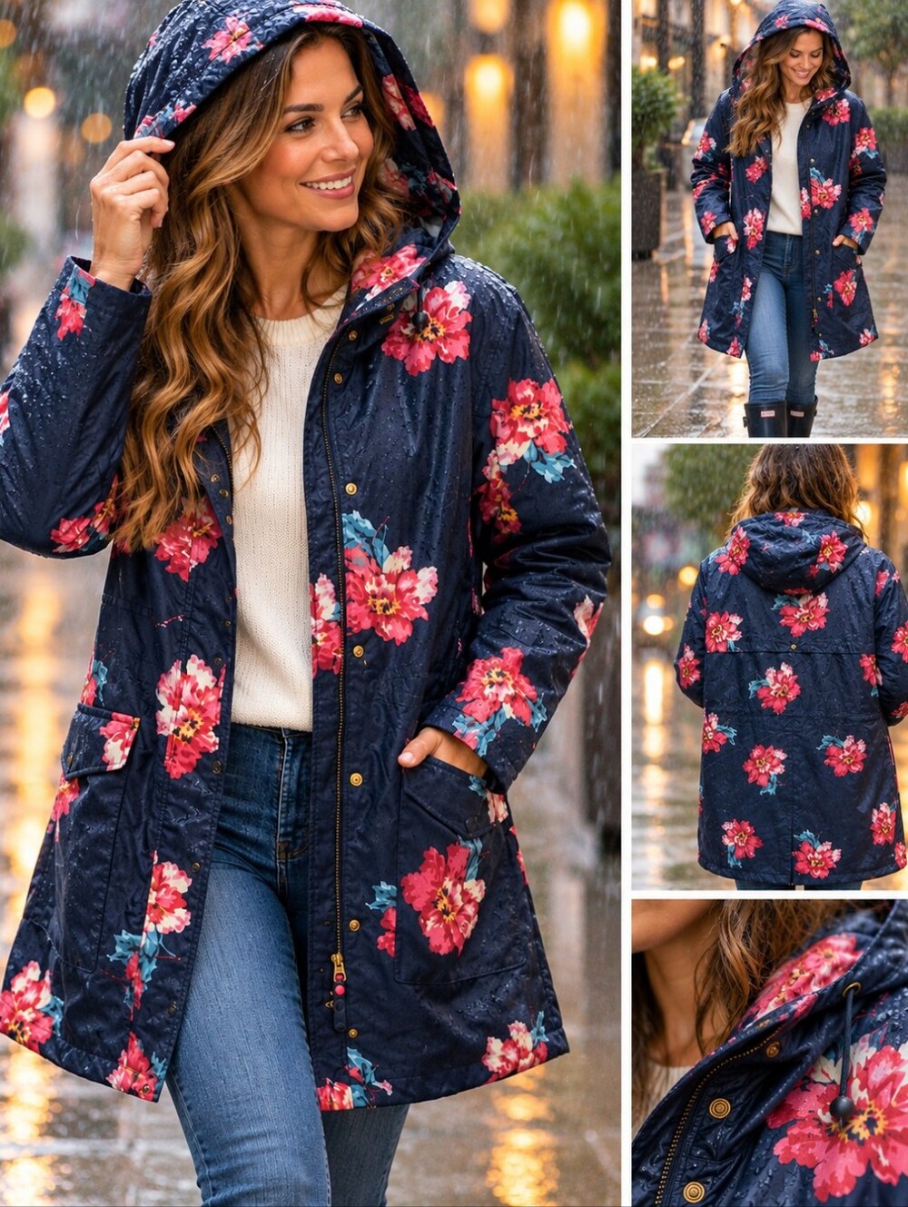 Joules Navy Floral Hooded Puffer Coat with Pink Blooms